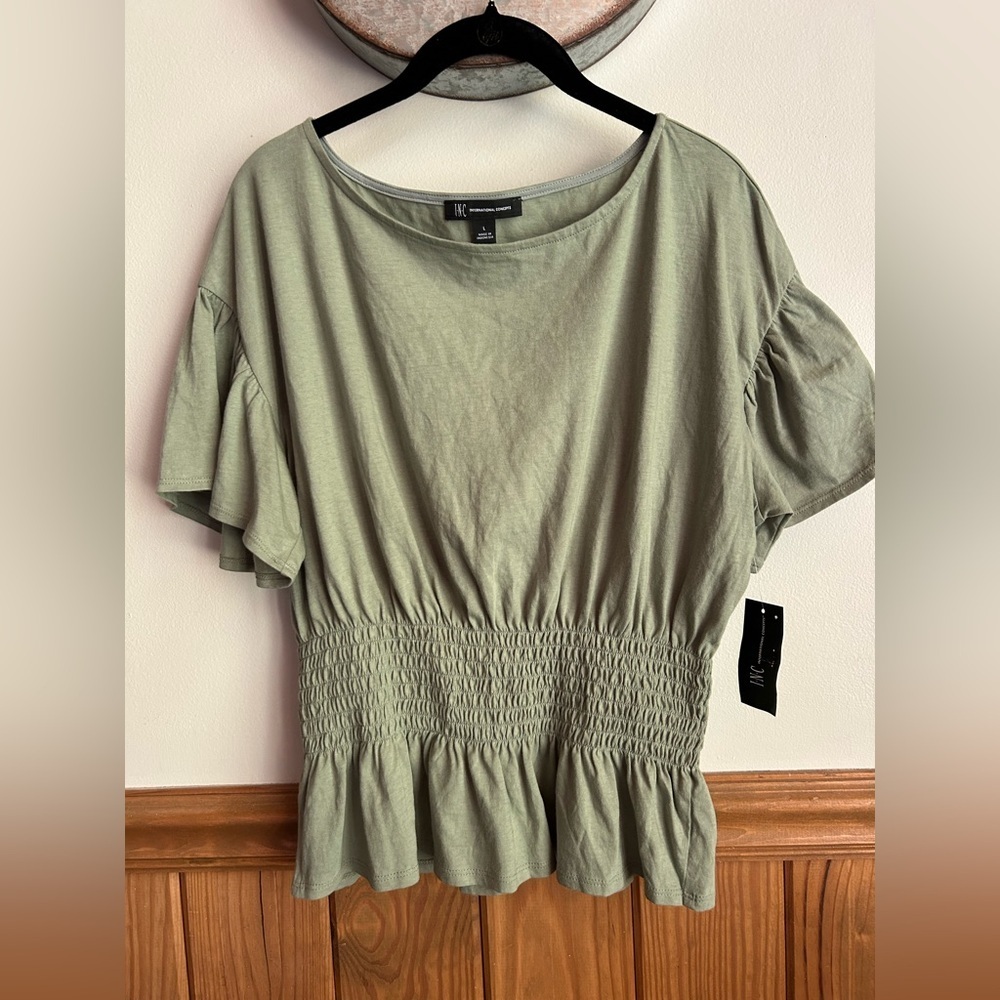INC women’s sz large blouse, agave plant/moss green color, ruffle sleeves, NWT - Picture 3 of 5